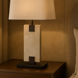 Madison Table Lamp - Travertine, Off White Linen and Antique Bronze