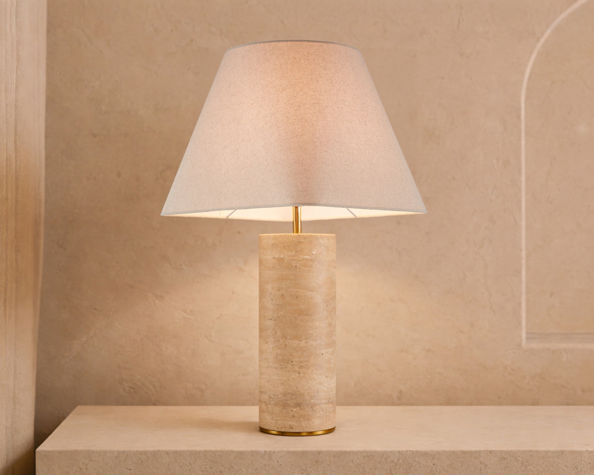 Liang & Eimil Corina Table Lamp - Travertine Marble & Beige Linen Shade
