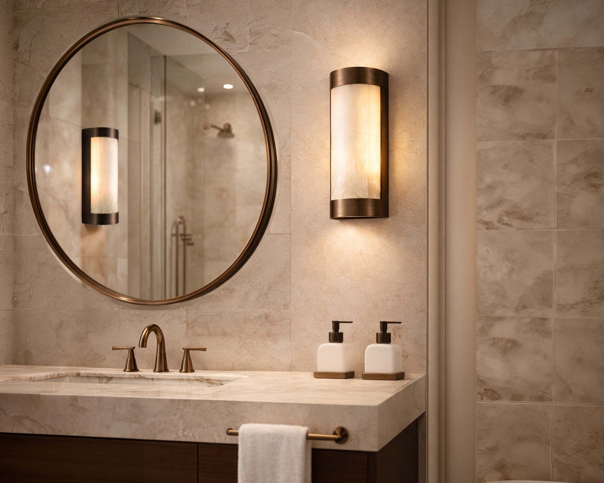 Liang & Eimil Verta IP44 Wall Light - Natural Selenite Glass and Brushed Bronze