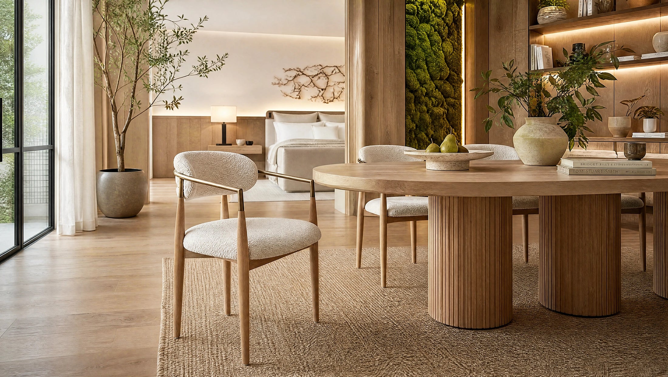 A modern dining area featuring a round light wood table with fluted pedestal bases and upholstered dining chairs, set in a beautifully styled, warm-toned contemporary bedroom and living space.