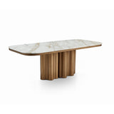 Liang & Eimil Corinthian Large Dining Table – Kaka Gold Natural Marble Top & Hairline Antique Brass Metal Base