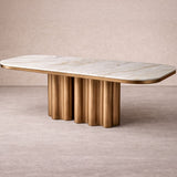 Liang & Eimil Corinthian Large Dining Table – Kaka Gold Natural Marble Top & Hairline Antique Brass Metal Base