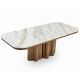 Liang & Eimil Corinthian Large Dining Table – Kaka Gold Natural Marble Top & Hairline Antique Brass Metal Base