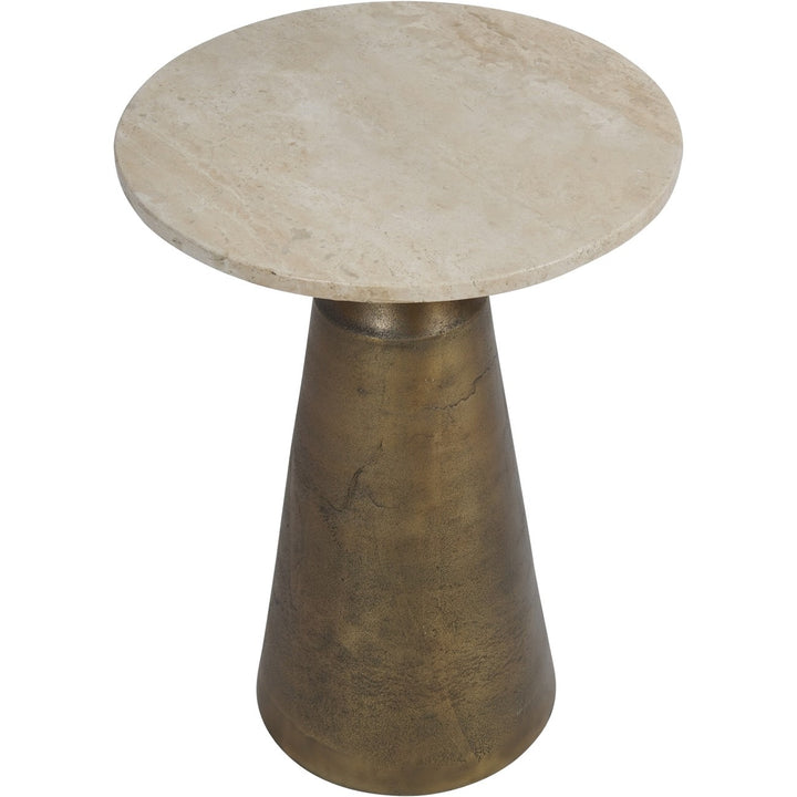 Libra Interiors Clifton II Side Table in Antique Brass and Travertine