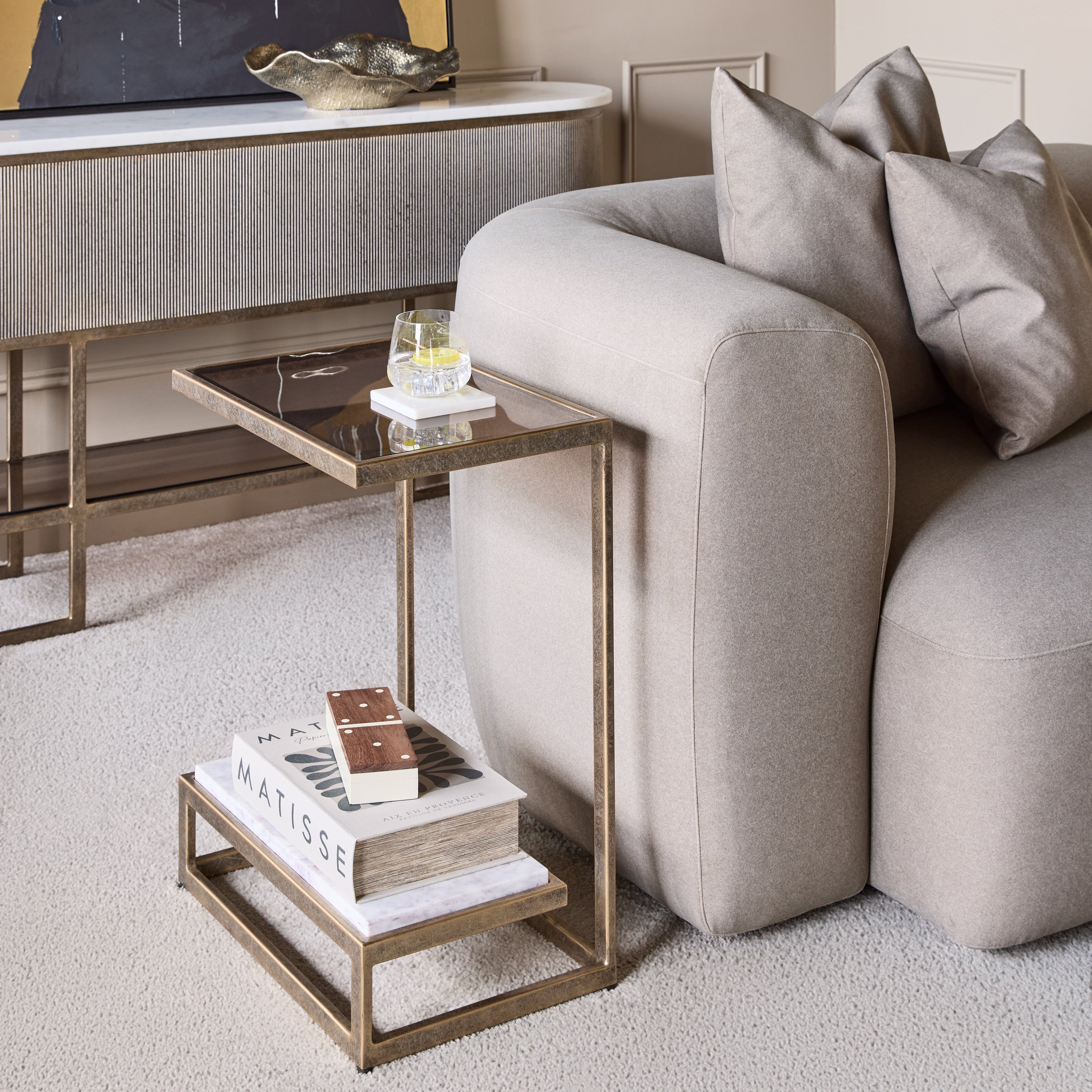 Libra Interiors Alicia Two-Tiered Side Table – Smoked Glass & Marble