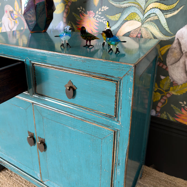 Lingbao Peacock Cupboard Bedside Table in Turquoise