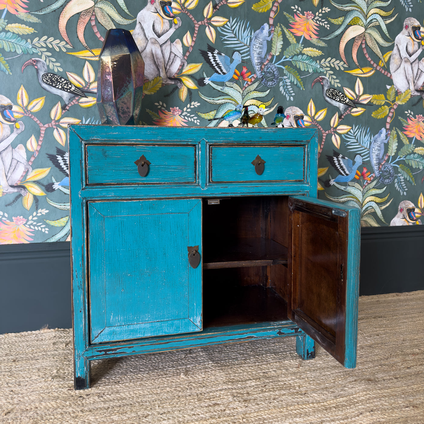 Lingbao Peacock Cupboard Bedside Table in Turquoise