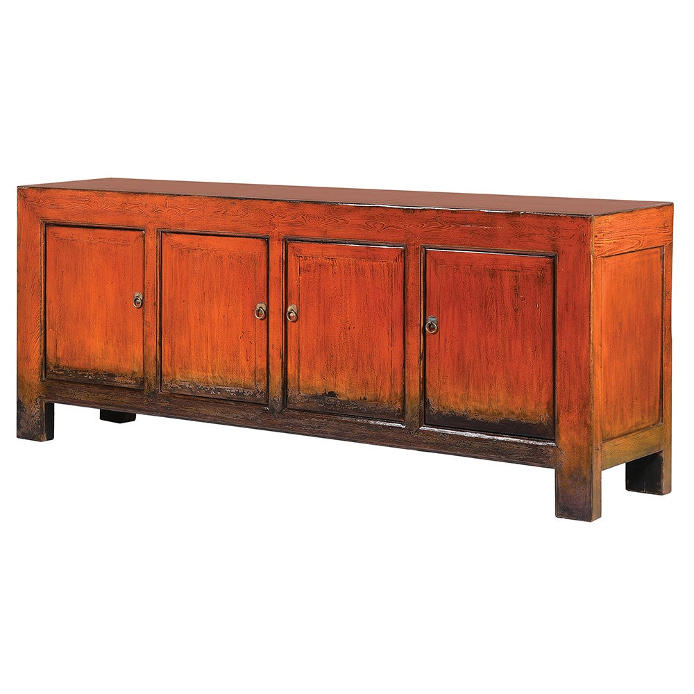 Lingbao Burnished Orange Cabinet with 4 Doors in Pine Wood