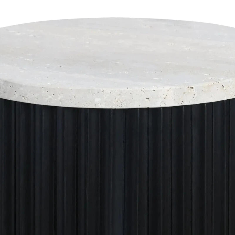 Mephisto Ribbed Side Table – Black Mango Wood & Travertine – Small