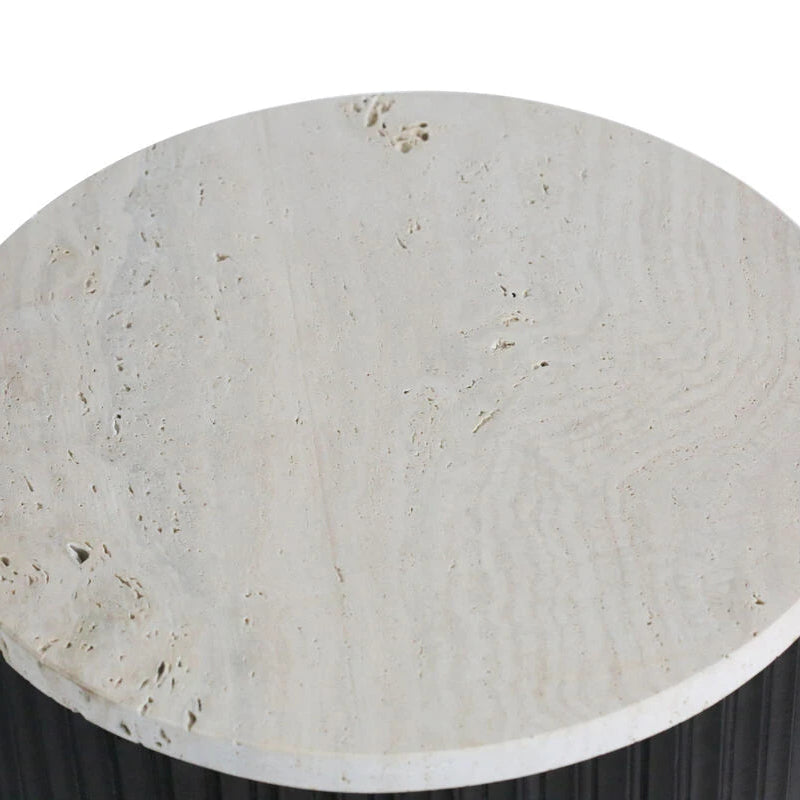 Mephisto Ribbed Side Table – Black Mango Wood & Travertine – Small
