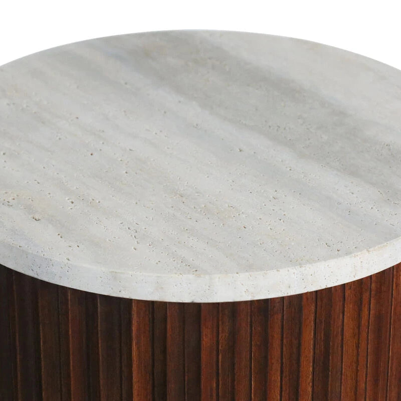 Mephisto Ribbed Side Table – Brown Mango Wood & Travertine – Large