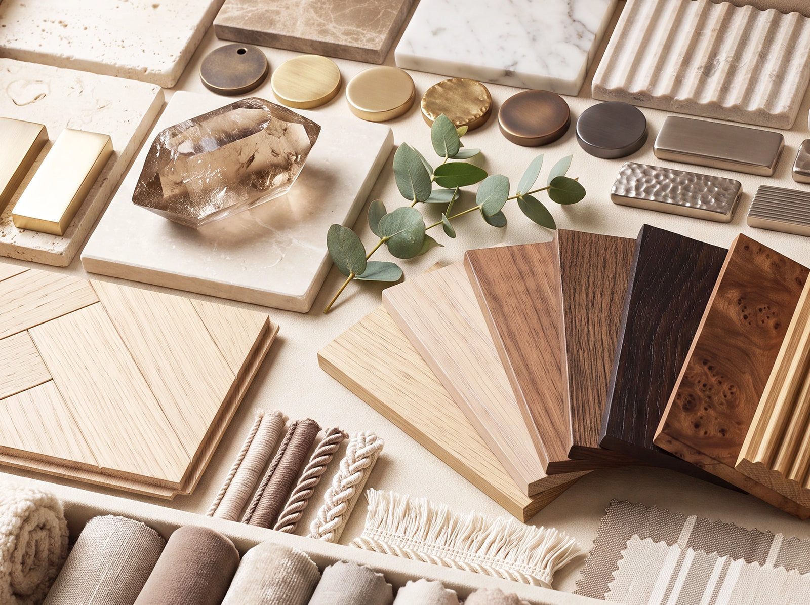 A mood board of fabric, stone, wood and metal samples.