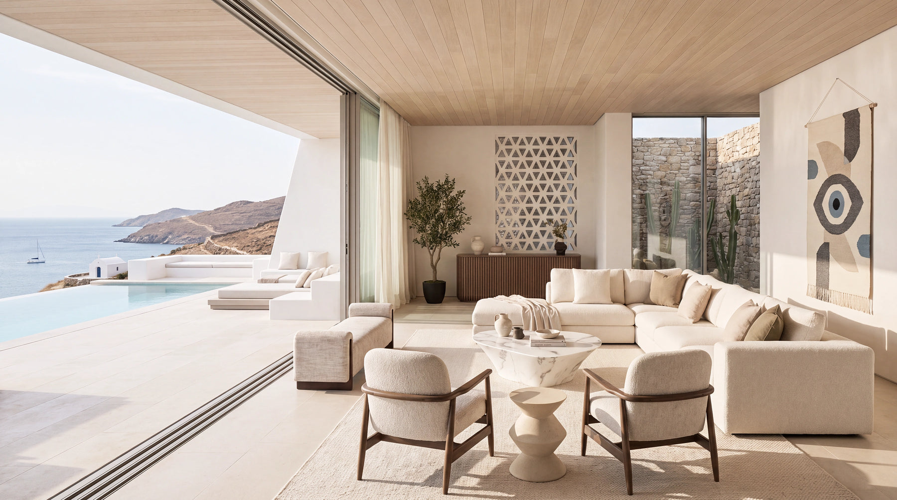 A luxury modern living room with a large cream sectional sofa, matching armchairs, a marble coffee table, and an infinity pool overlooking a scenic coastal landscape.