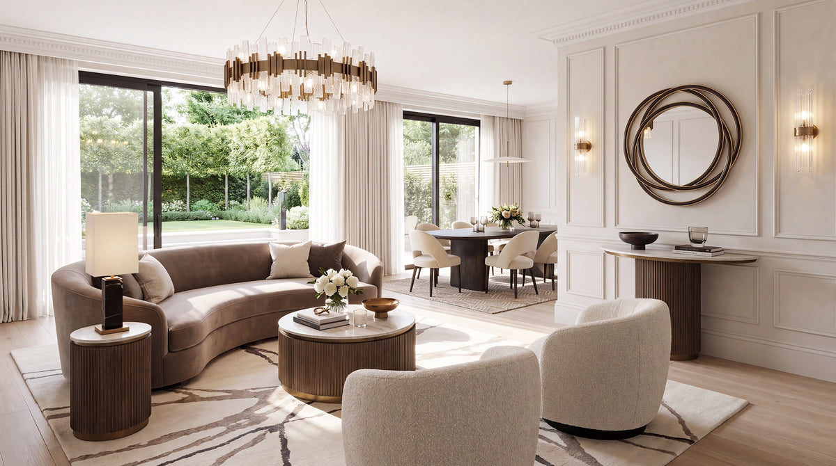 A luxury modern living room featuring a curved taupe-brown sectional sofa, two cream tufted armchairs, round wooden coffee tables, a patterned area rug, and elegant wall decor including a large circular mirror.