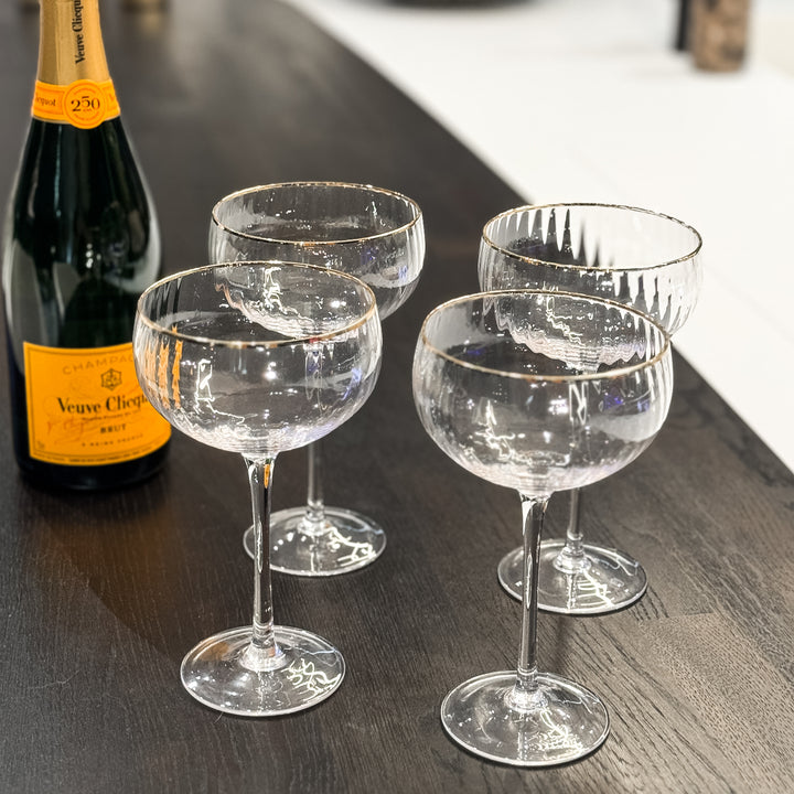 Ribbed Champagne Glass with Gold Rim – Set of 4