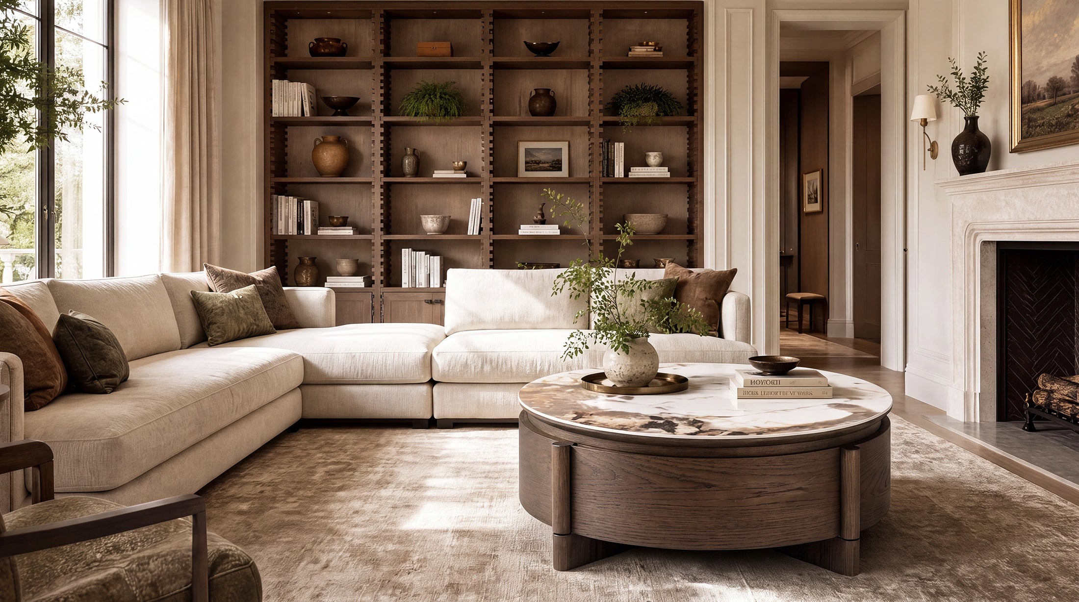 A modern living room featuring a large cream sectional sofa, a round wooden coffee table with a marble top, a large built-in wooden bookshelf, and a fireplace on the right.