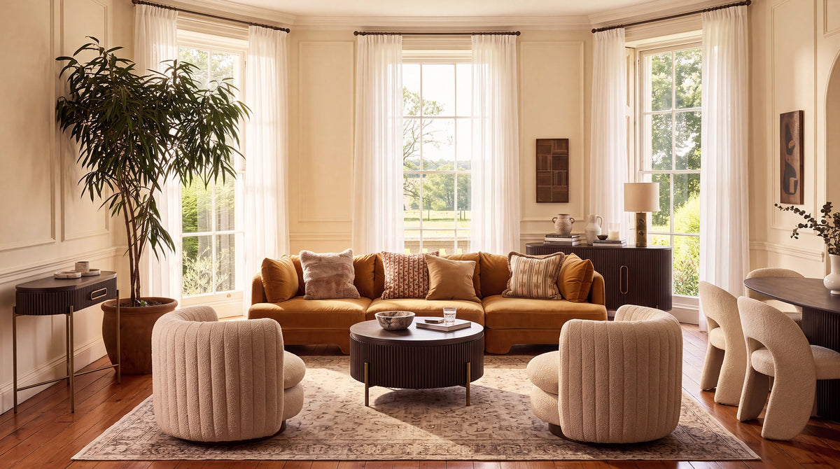 Richmond Interiors Luxor coffee table and cabinet styled in a light living room with curved armchairs and a warm ochre sofa