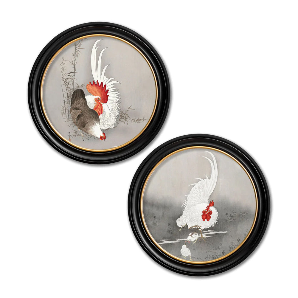 Roosters by Ohara Koson – Oxford Round Framed Print
