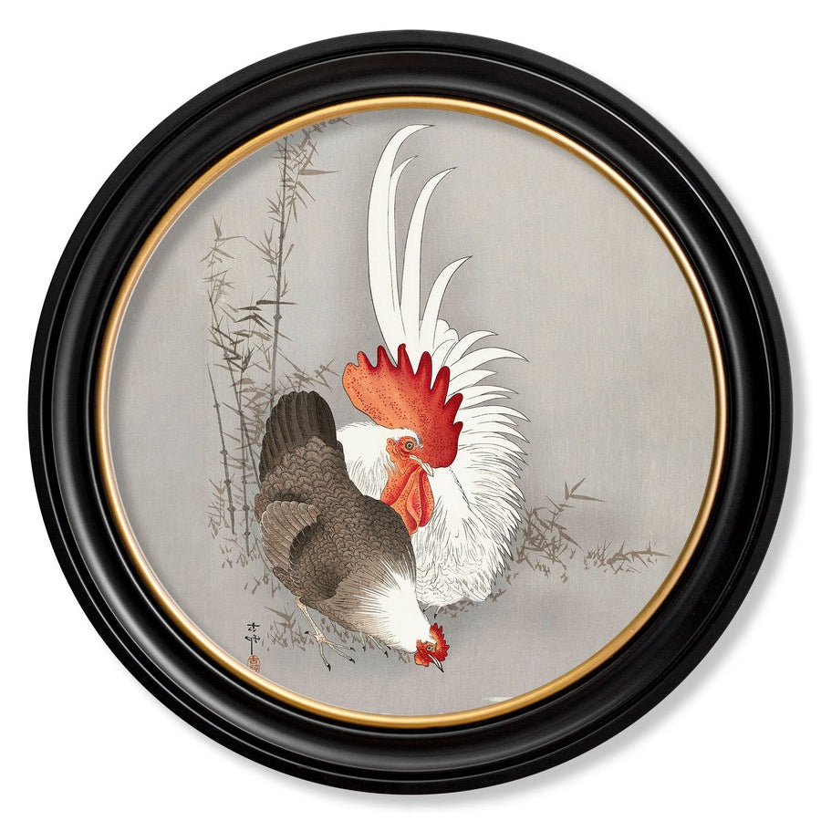 Roosters by Ohara Koson – Oxford Round Framed Print