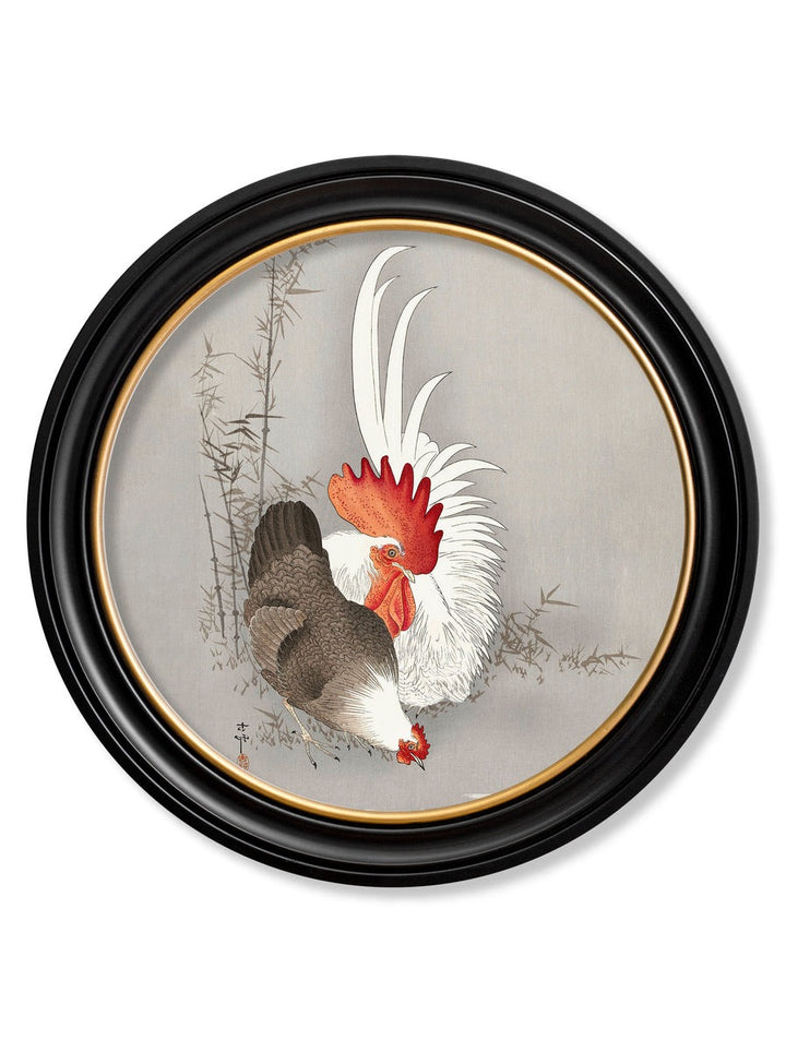 Roosters by Ohara Koson – Oxford Round Framed Print
