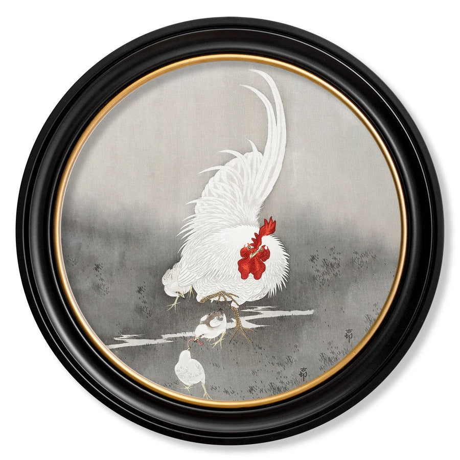 Roosters by Ohara Koson – Oxford Round Framed Print