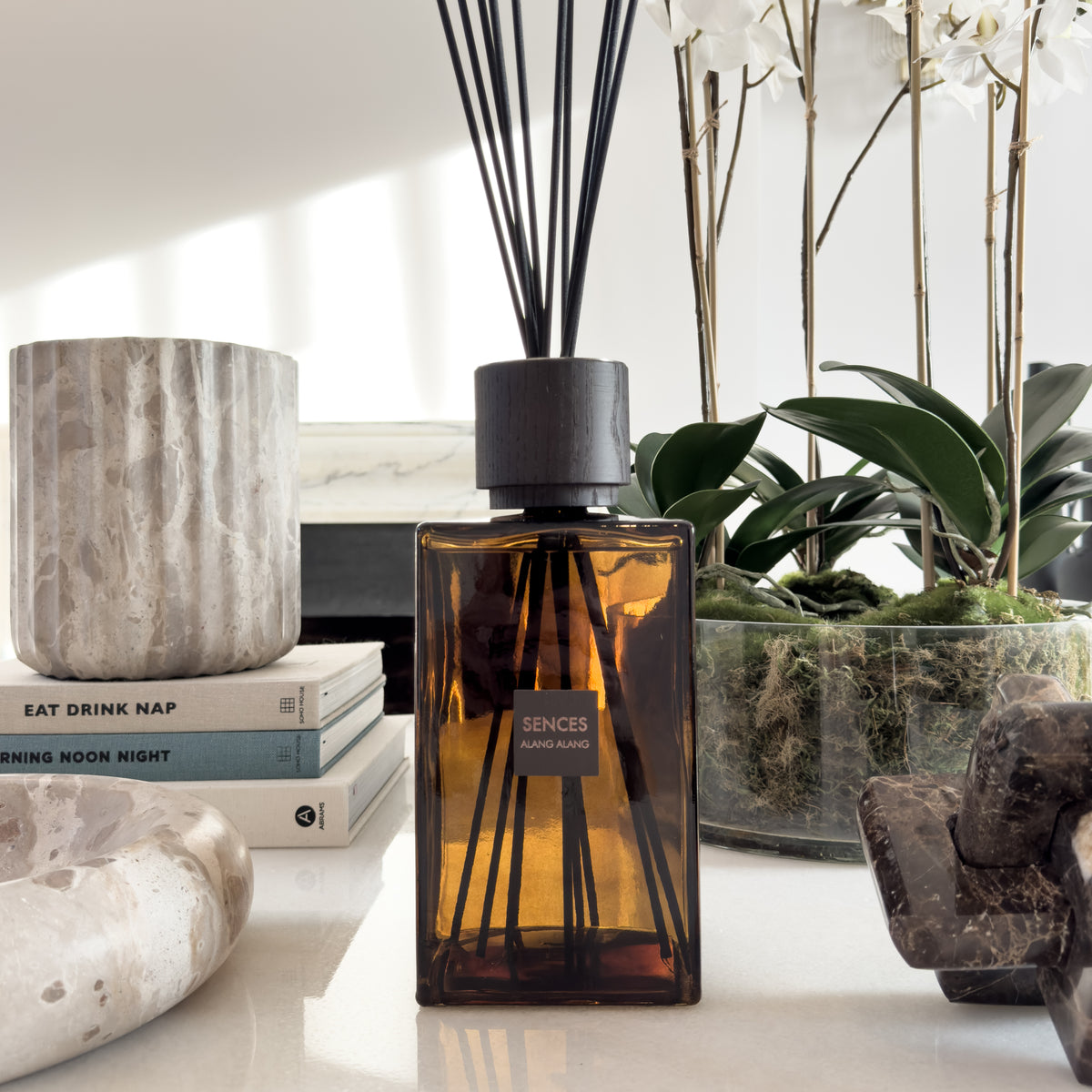 Round Amber Reed Diffuser Enormous Amora Reed Diffuser with Amber Glass Bottle – Shropshire Design