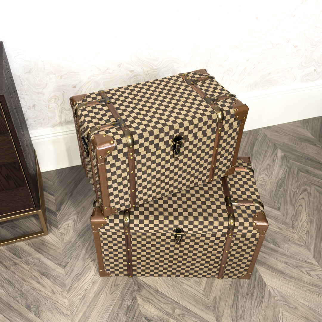 Set of Vintage Tan and Brown Damier Checkerboard Decorative Trunks