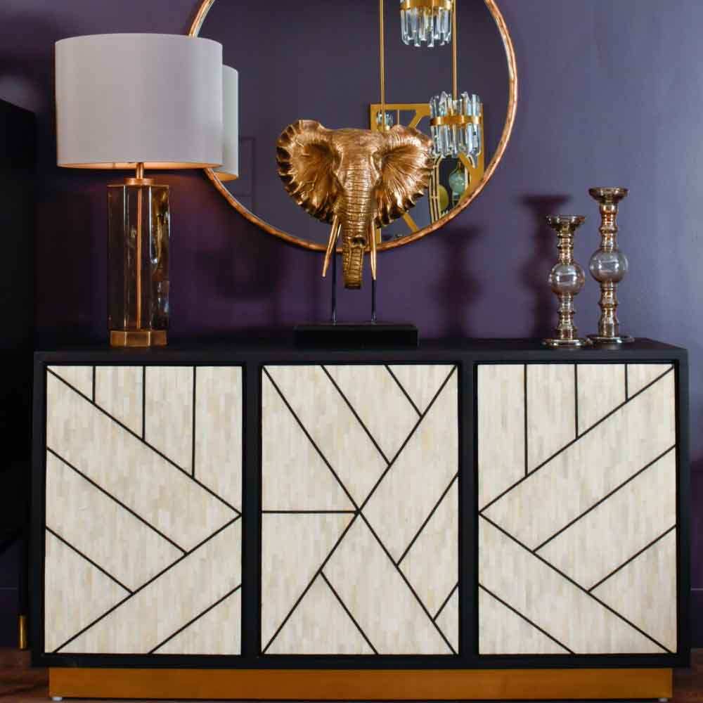 Libra Interiors Credenza Abstract 3 Door Cabinet with Bone Inlay