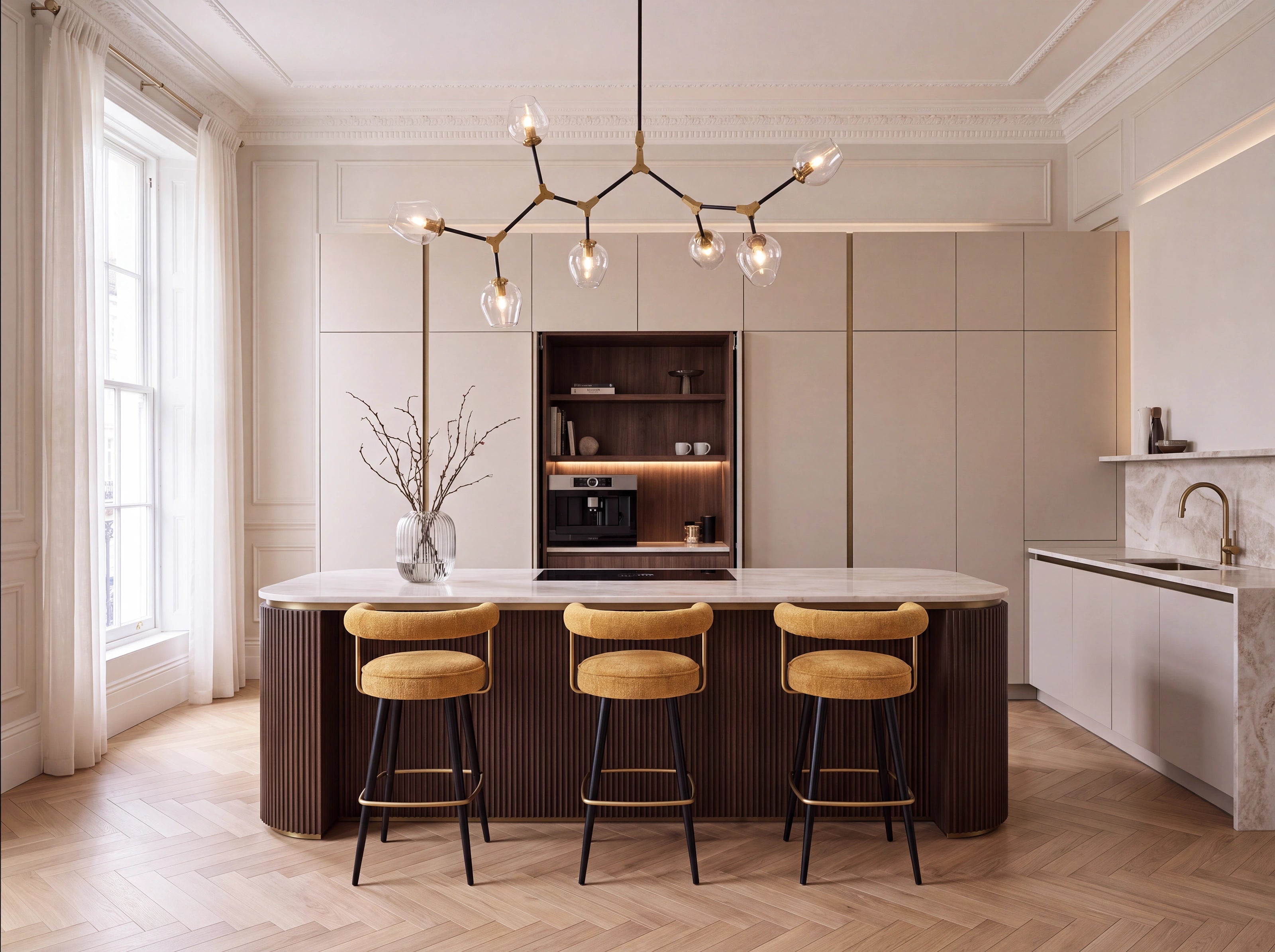 A modern kitchen interior with a central island, four mustard-yellow upholstered bar stools, a dark wood cabinet, marble countertops, and a brass枝形 pendant light hanging above.
