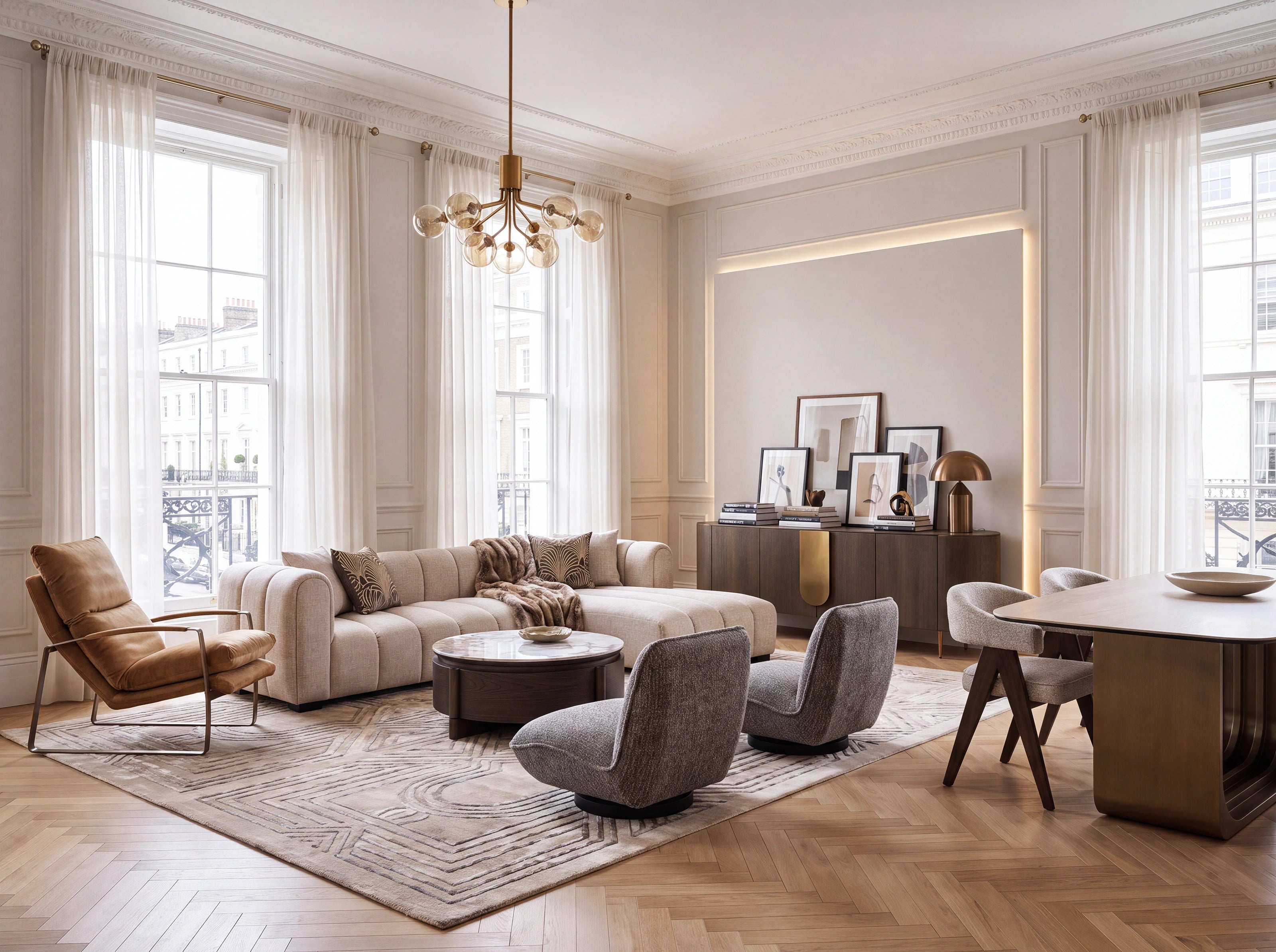 A styled modern living room featuring a beige sectional sofa, two gray swivel armchairs, a brown leather armchair, a round coffee table, a large patterned area rug, and a dining set in the background, all set on light herringbone wood floors.