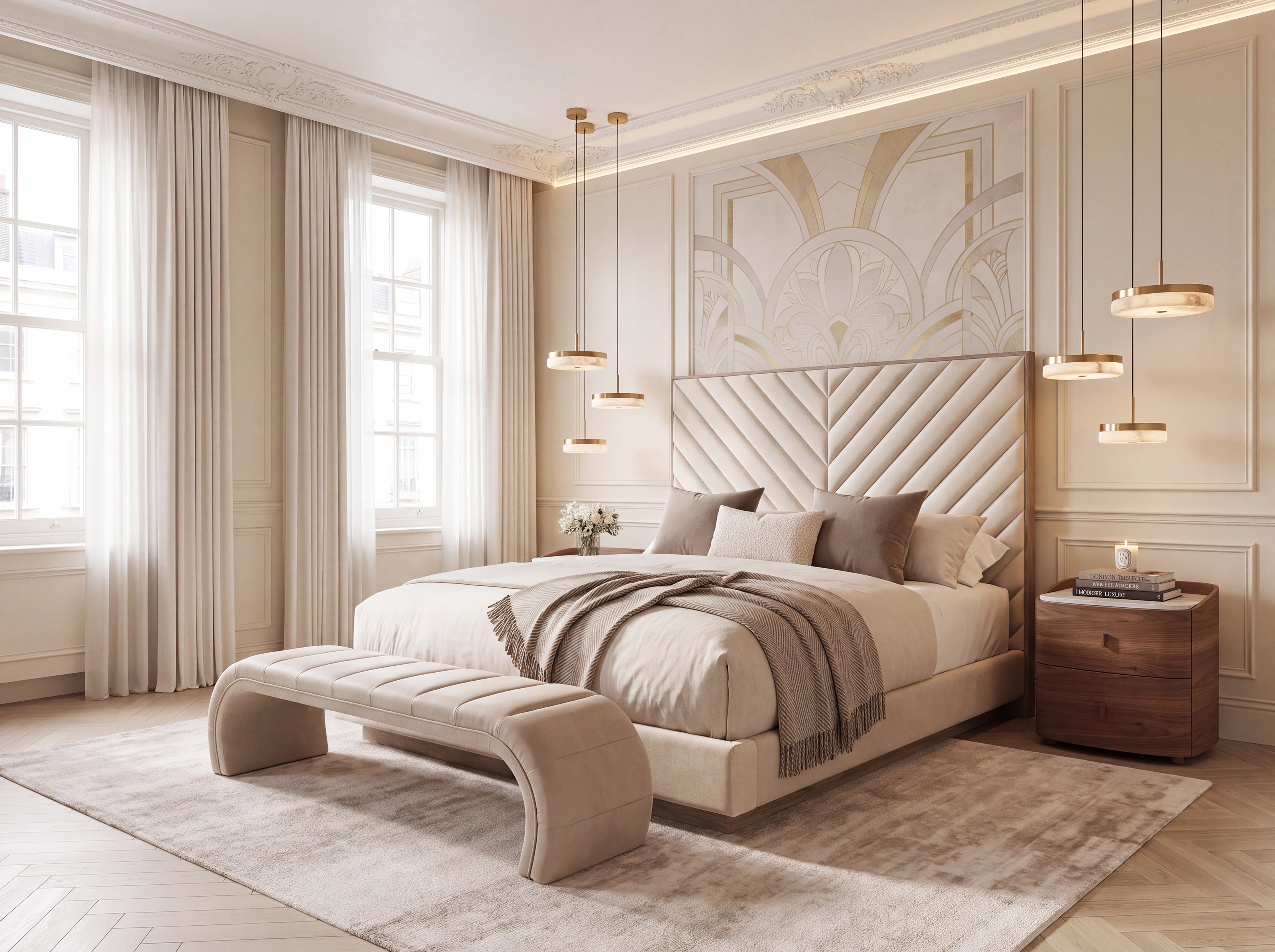 A luxury bedroom featuring a large upholstered tufted headboard in cream and beige, styled with neutral bedding, a matching bench, a wooden nightstand, and modern pendant lights.