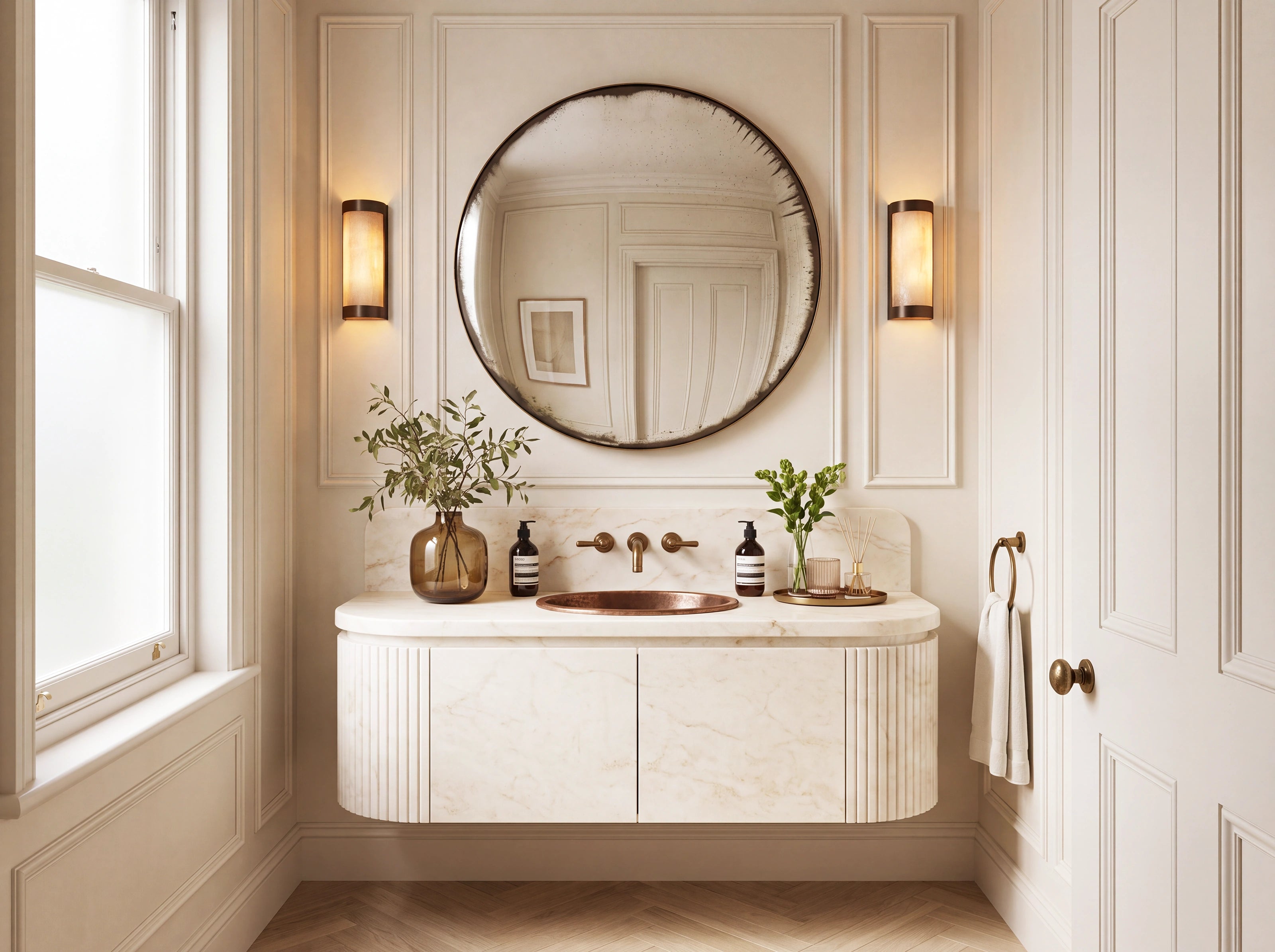 A modern floating bathroom vanity with a white marble countertop, an integrated round sink, and a large round wall mirror. The vanity is styled with two vases of greenery and soap dispensers, set against a cream paneled wall with warm sconces.