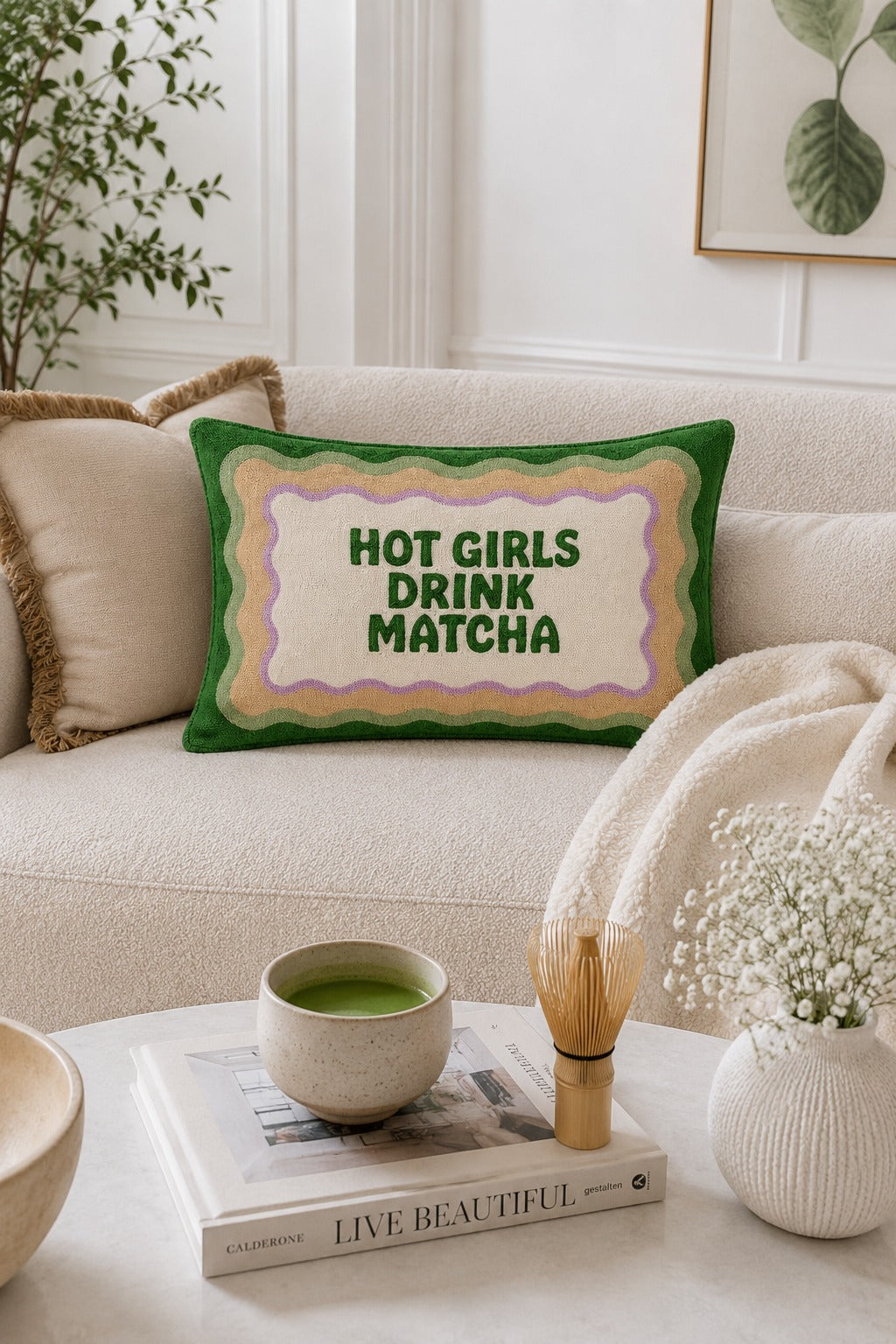 The Pillow Drop Hot Girls Drink Matcha Needlepoint Cushion