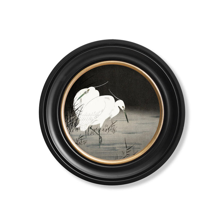 Two Egrets in Reeds by Ohara Koson - Oxford Round Framed Print