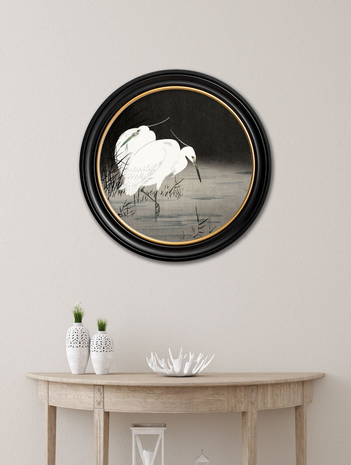 Two Egrets in Reeds by Ohara Koson - Oxford Round Framed Print
