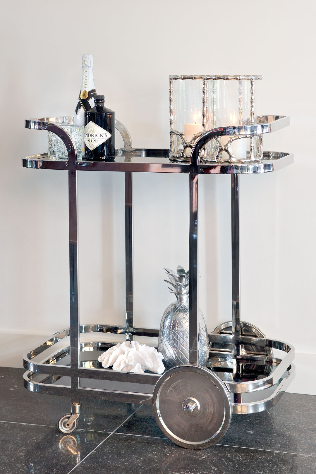 Richmond Interiors Hennesy Trolley in Silver Steel and Glass – Excess Stock