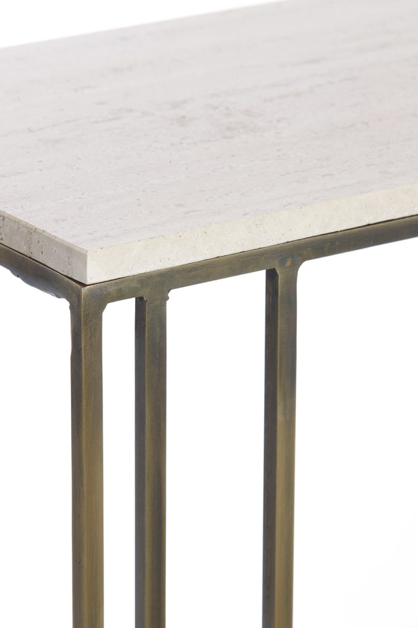 Allegra Side Table in Sand Travertine and Antique Bronze Finish