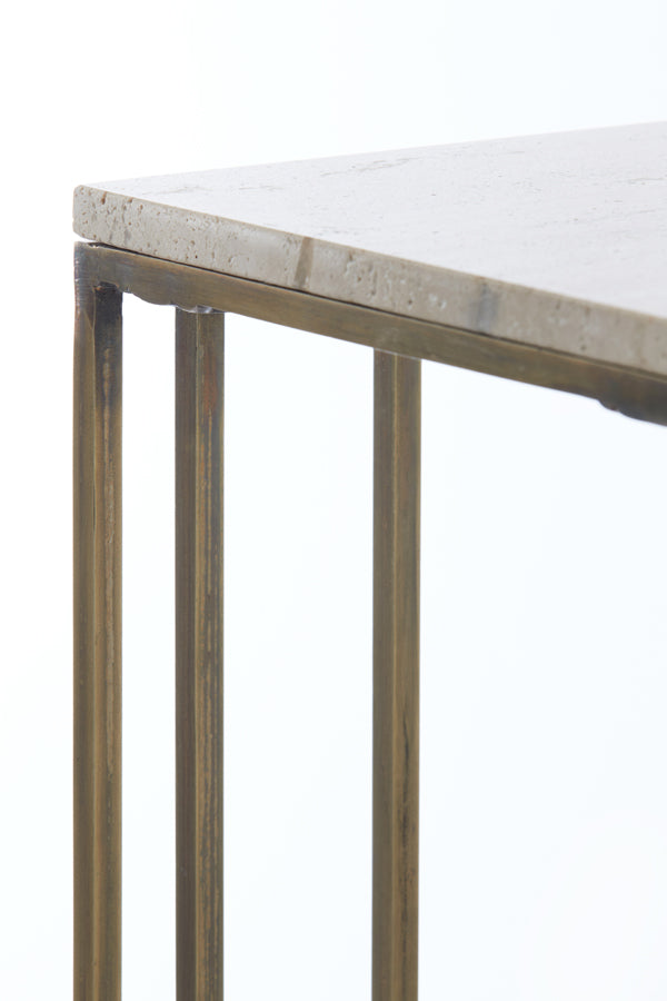 Allegra Side Table in Sand Travertine and Antique Bronze Finish