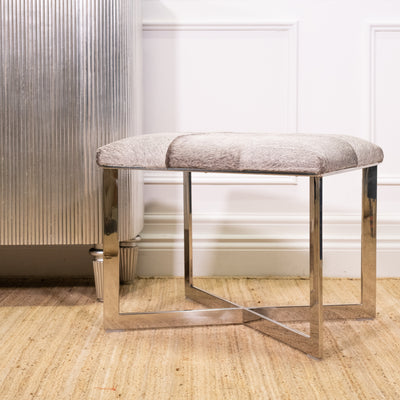 Grey/Brown Cowhide Chrome Wide Stool
