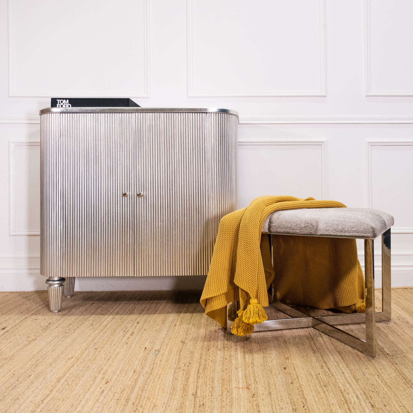 Grey/Brown Cowhide Chrome Wide Stool