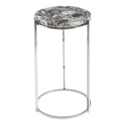Della Agate Round Side Table with Dark Tones and Brass Frame