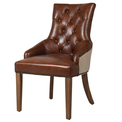 Brown Leather & Linen Dining Chair
