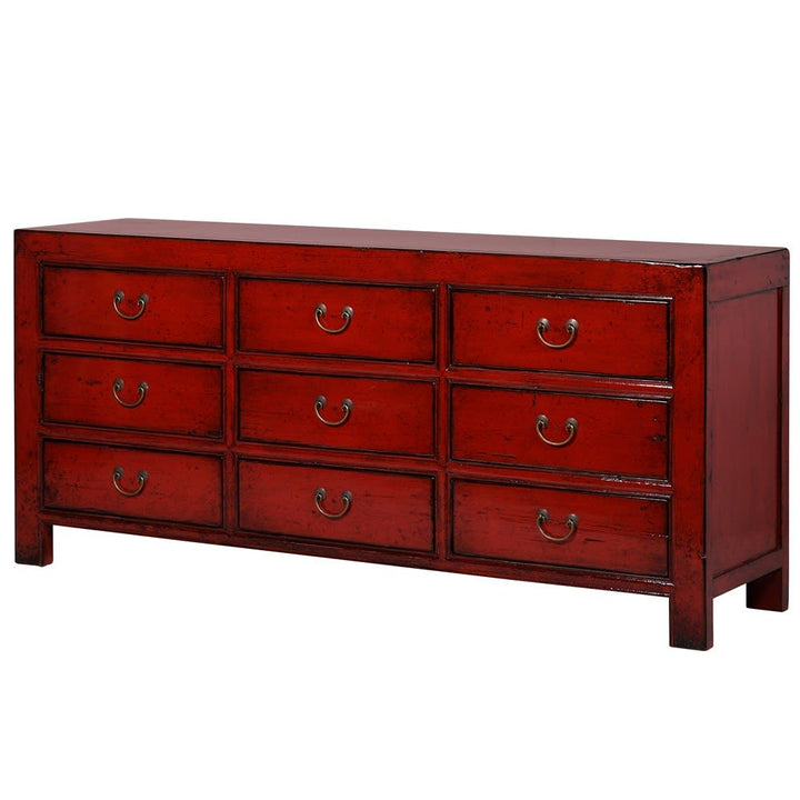 Lingbao Cayenne Red Cabinet with 9 Drawers in Pine Wood
