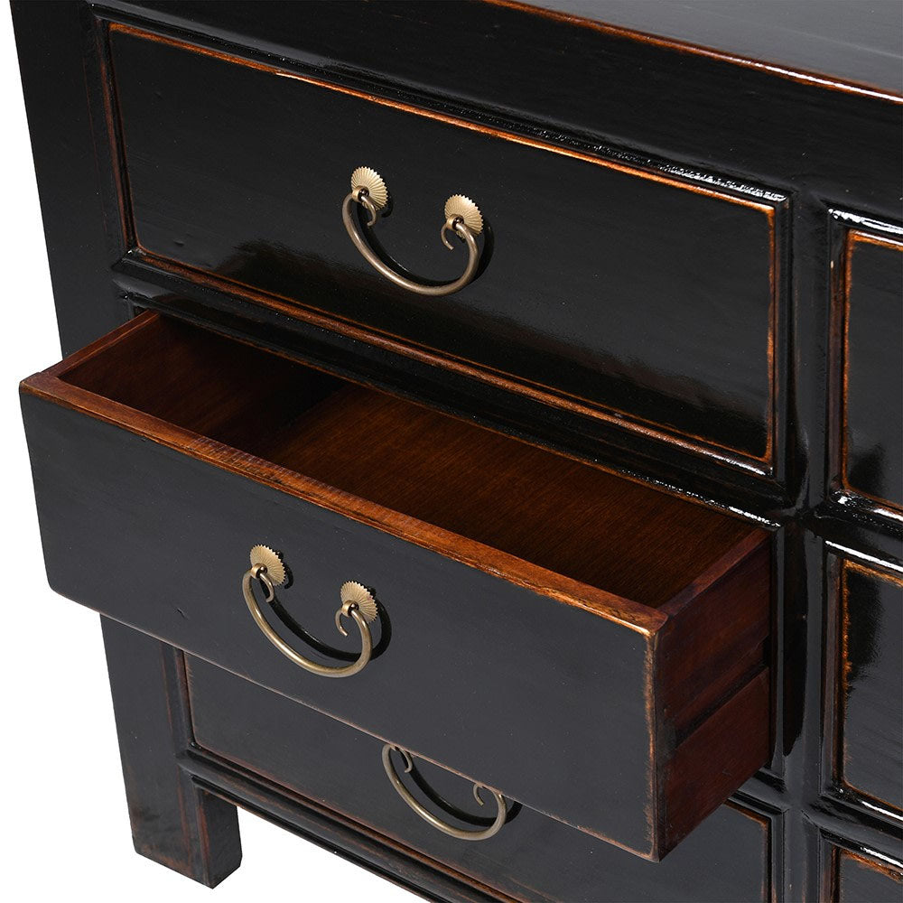 Lingbao Midnight Black Cabinet with 9 Drawers in Pine Wood